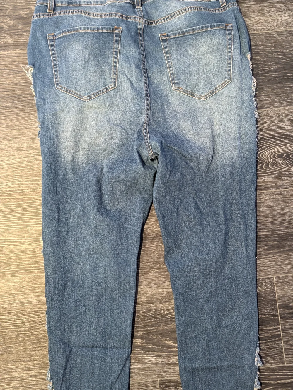 Fashion Nova Blue Ruffled Side Distressed Straight Leg Jeans